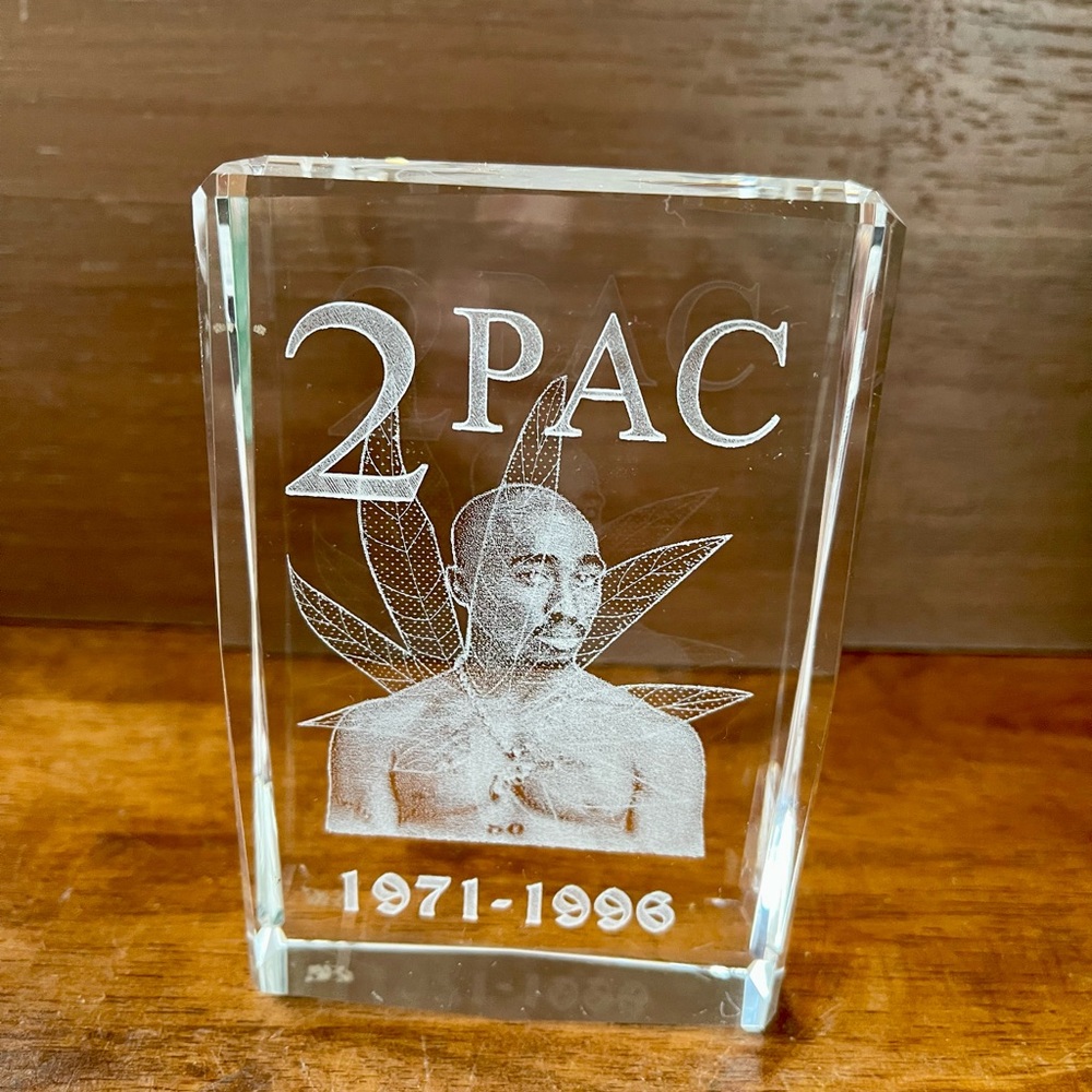 3D Laser Etched Glass Tower  Paperweight 2PAC